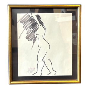 Vintage 1960s Expressive Framed Figure Drawing on Paper