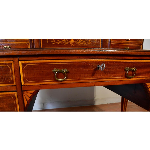 1900s Antique Federal Style Inlaid Mahogany Writing Desk With Leather Top & Gallery Birmingham Desk For Sale - Image 9 of 18