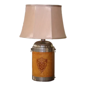 Early 20th Century French Chrome and Leather Table Lamp With Embossed Crest