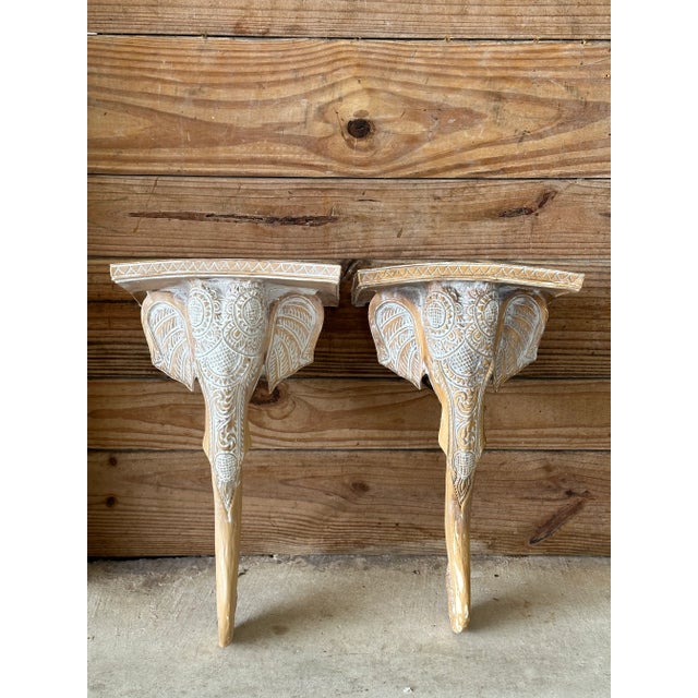 Vintage Regency Sculptural Elephant Carved Wood Wall Bracket Shelves-Pair For Sale - Image 11 of 12