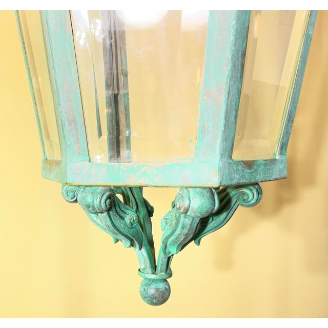 Vintage Neoclassical Verdigris Lantern – Greek Key Detail – Restored & Rewired For Sale - Image 10 of 15