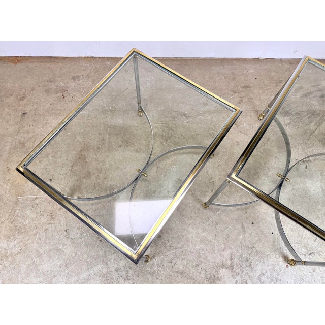 Mid 20th Century Vintage Mid 20th Century Hollywood Regency Brass, Chrome & Glass Italian Side Tables—a Pair For Sale - Image 5 of 12