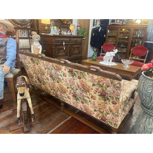 Vintage English Style Floral Upholstered Sofa With Carved Wood Frame For Sale - Image 10 of 11