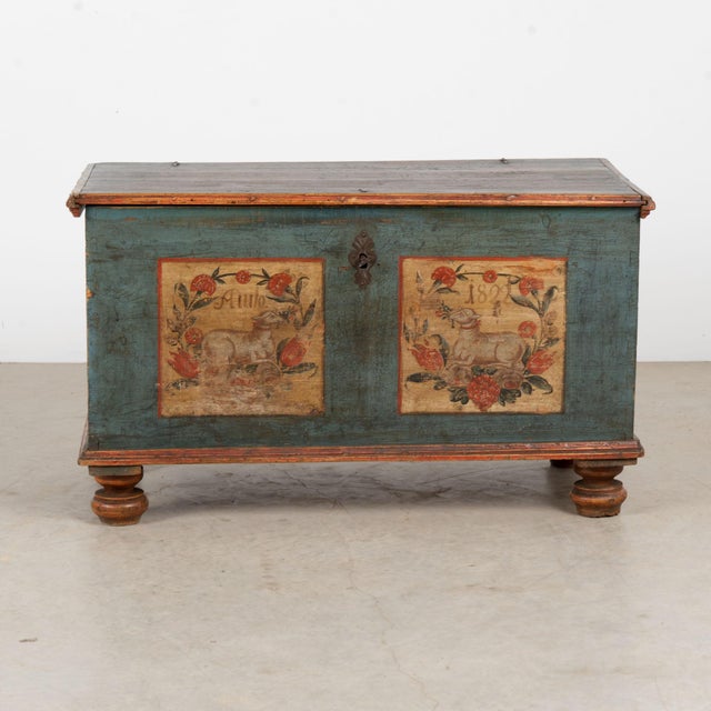 Folk Art 1822 Original Hand-Painted Blue Pine Flat Top Trunk For Sale - Image 3 of 13