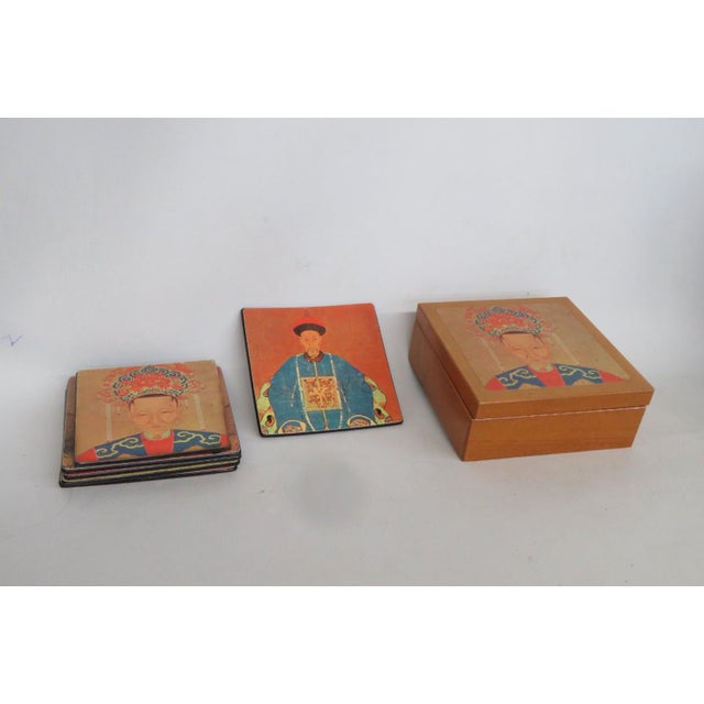 Chinoiserie Mid 20th Century Chinoiserie Boxed Set of 6 Square Coasters Chinese Ancestor Portrait Motif For Sale - Image 3 of 15