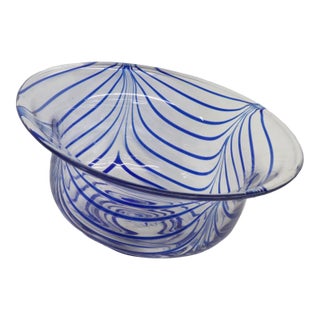 Mid Century Modern Murano Art Glass Serving Bowl With Cobalt Blue Striping 4860b For Sale