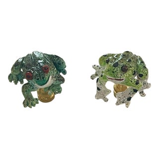 1970s Artisan Made Pair Handpainted Frog Figurines Lamp Finials For Sale