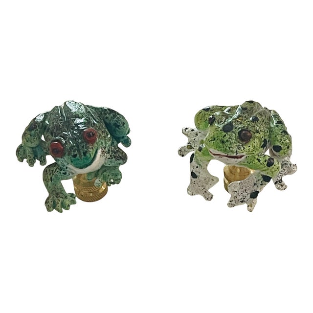 1970s Mdoern Pair Handpainted Frog Figurines Lamp Finials For Sale