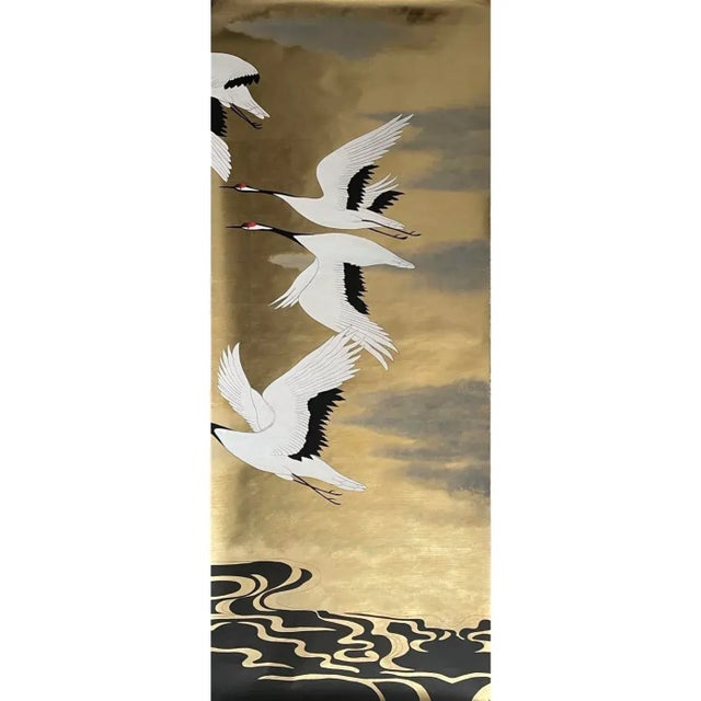 Chinoiserie Gold Leaf Hand‑Painted Flying Crane Chinoiserie Wall Panels For Sale - Image 3 of 4