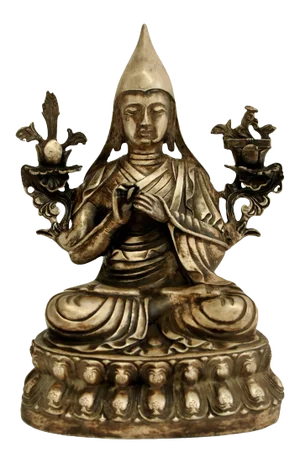 Tibetan Silvered Bronze Teacher Tshongkhapa Statue