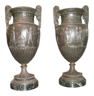 19th Century French Neoclassical Style Urns on Marble Bases-Pair