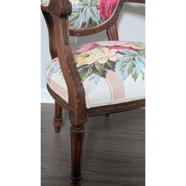 Textile Vintage Louis XVI Style French Arm Chair Restyled/Restored- Vintage Cabbage Roses Floral Batkcloth Upholstery Fabric For Sale - Image 7 of 12