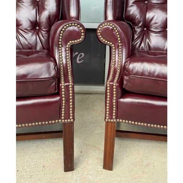 Pair of Vintage Maroon Leather Wingback Chairs by Classic Leather For Sale - Image 11 of 17