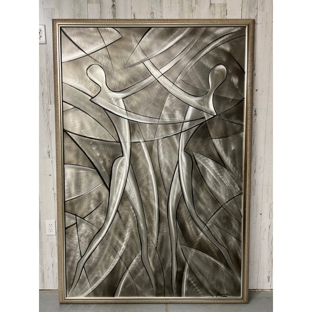 Etched stainless steel with paint accents wall art titled "The Dance".