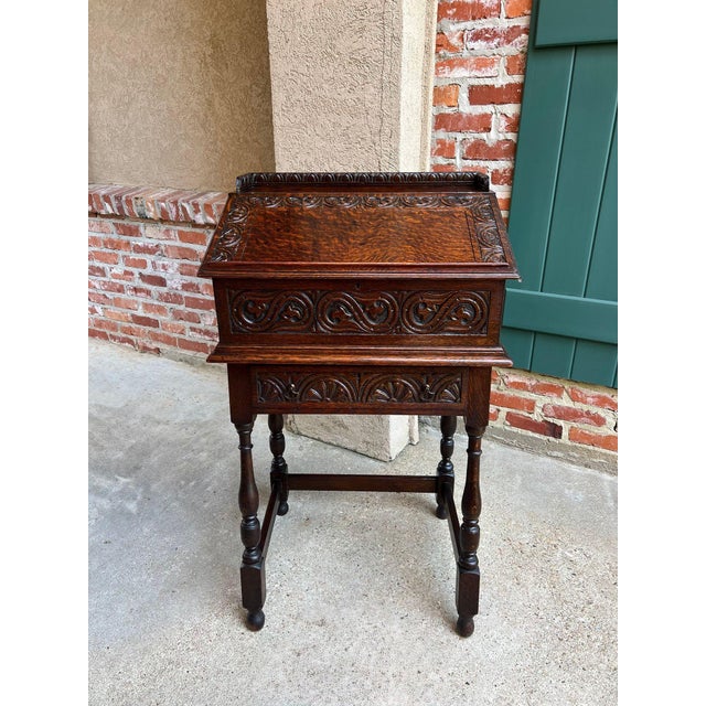Antique English Slant Front Desk Display Stand Jacobean Carved Tiger Oak Lectern For Sale - Image 13 of 18