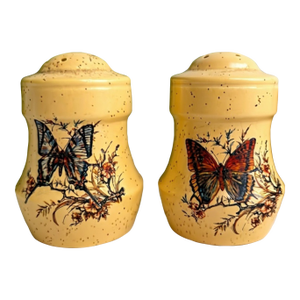 Vintage Mid-Century Modern Butterfly Ceramic Salt and Pepper Shakers Set Floral Yellow Cottage