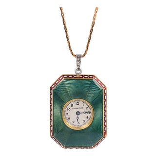 Early 20th Century Tiffany & Co. Edwardian Diamond Guilloche Enamel 18k Gold Watch Pendant Necklace For Sale