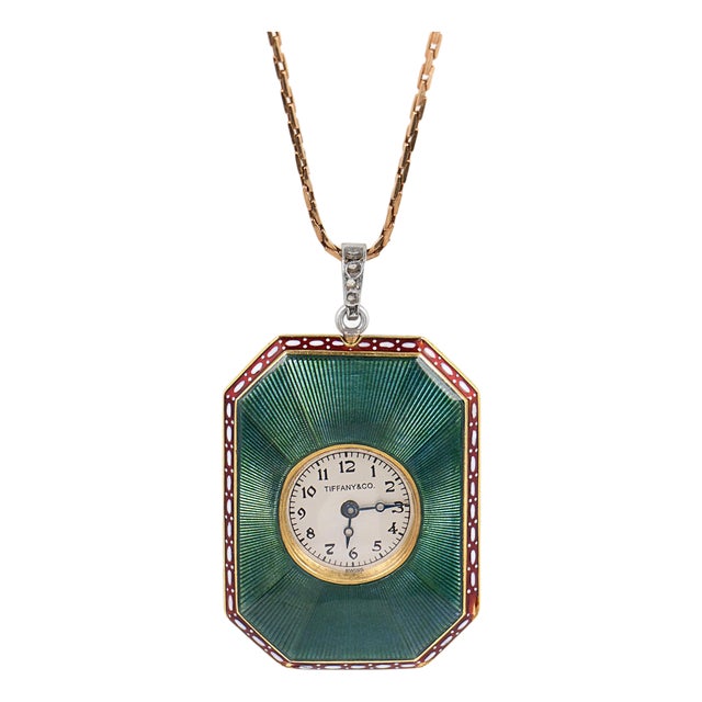 Early 20th Century Tiffany & Co. Edwardian Diamond Guilloche Enamel 18k Gold Watch Pendant Necklace For Sale