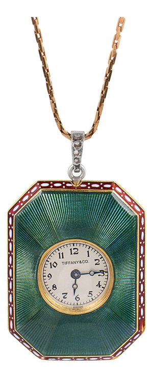 Early 20th Century Tiffany & Co. Edwardian Diamond Guilloche Enamel 18k Gold Watch Pendant Necklace