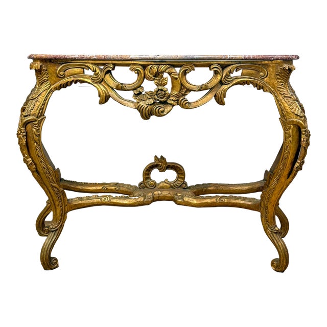 Late 19th Century Louis XV Gilded Console With Rose Marble Top For Sale