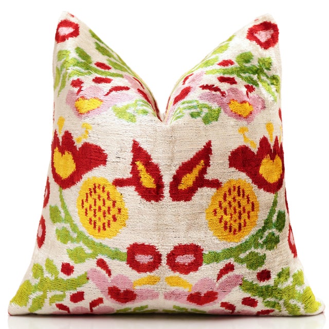 Mid-Century Modern Hand-Knotted Silk Velvet Ikat Pillow - 16x16 Terracotta & Sage Medallion For Sale - Image 3 of 9