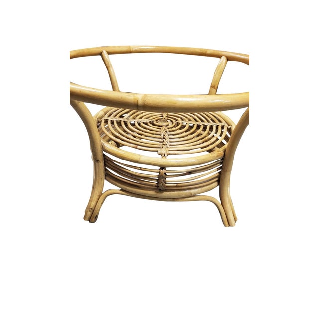 1950s Restored Round Two-Tier Rattan Spiral Coffee Table With Glass Top For Sale - Image 5 of 5