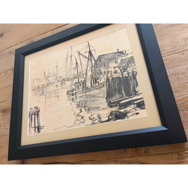 1940s Emile A. Gruppe Original 1941 Harbor Drawing Signed Gloucester Scene Framed For Sale - Image 5 of 9
