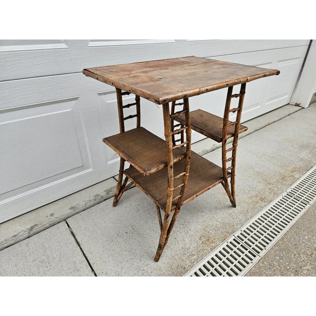 Weathered Burnt Bamboo Reed Side Table Plant Stand For Sale - Image 4 of 14