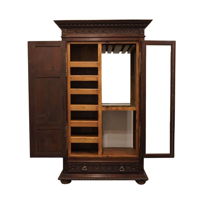 Vintage Antique English Walnut La Baule Escoublac Gothic Jacobean 49" Mirrored Wine Storage Bar / Cupboard For Sale - Image 4 of 12