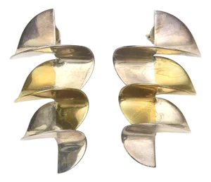 Vintage 2 Tone Brass and Silver Pierced Zig Zag Sculptural Dangle Earrings Pair Of