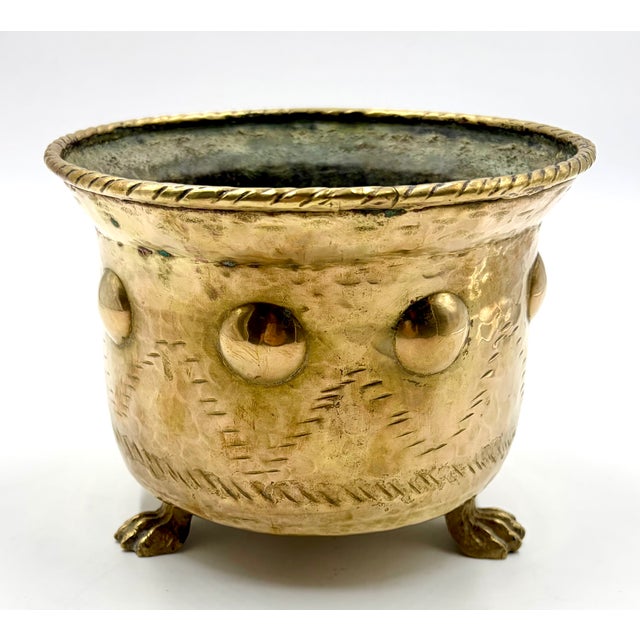 Brass Vintage Italian Hammered Brass Footed Cachepot Jardiniere Planter For Sale - Image 8 of 8