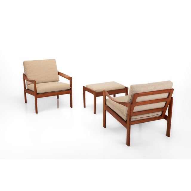 Beautiful pair of easy chairs + ottoman designed by illum wikkelsø for niels eilersen, denmark 1960s. The easy chairs have...