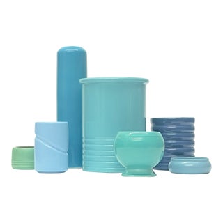 Late 20th Century Mixed Aqua and Turquoise Cylindrical Ceramic Vase Curation - Group of 7 For Sale