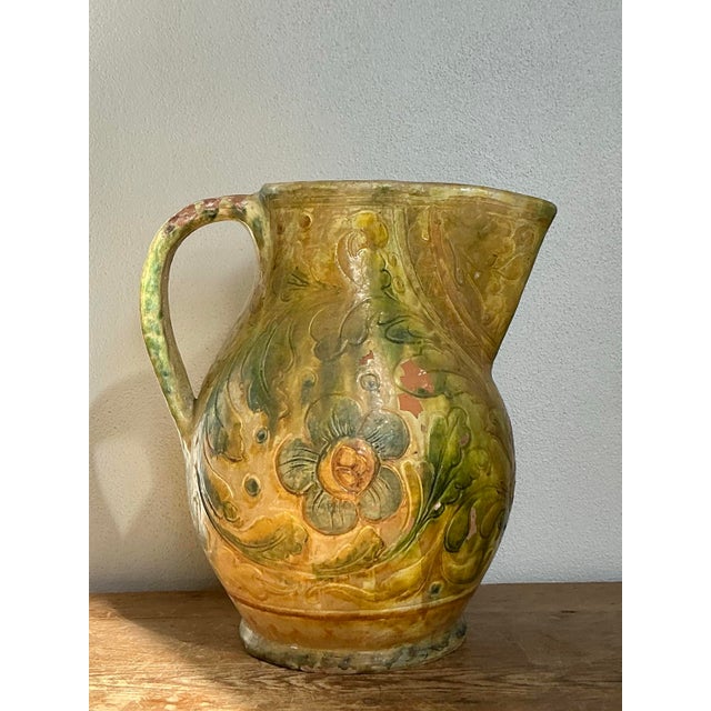 Ceramic Vintage Boho Glazed Ceramic Floral Pitcher For Sale - Image 7 of 10