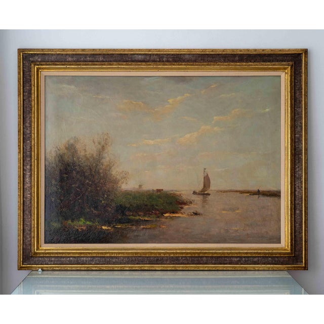 Large Dutch Hague School Windmill Landscape Oil Painting with Polder Lake & Sailboat by Victor Bauffe, Circa 1900, Framed For Sale - Image 8 of 18
