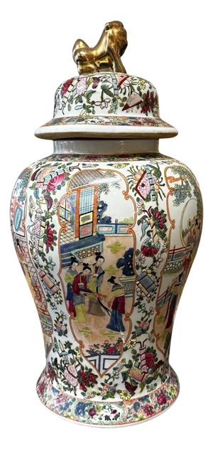 Vintage Porcelain Chinese Rose Mandarin Lidded Temple Jar, Circa 1950