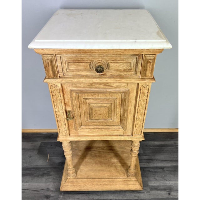 Metal Antique French Bedside Tables in Oak with Marble Top, Set of 2 For Sale - Image 7 of 17