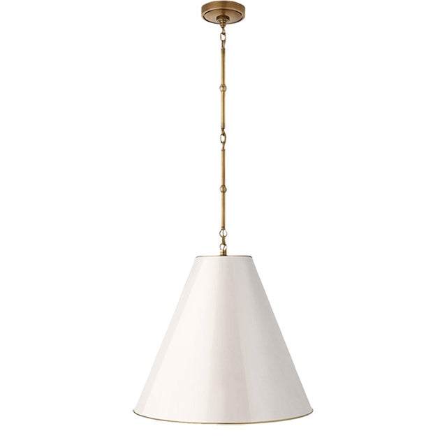 Thomas O'Brien for Visual Comfort Signature Goodman Medium Hanging Light in Hand-Rubbed Antique Brass with Antique White Shade For Sale