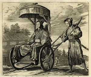 Montanus, Illustration of Japanese Noblewoman Transported in a Rickshaw or Jinrikisha, 1669, Print