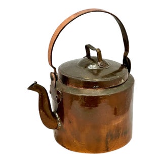 Antique Early American Thick & Heavy Gauge Hand Wrought Solid Copper Utilitarian Primitive Hot Water Kettle Early 19th Century For Sale