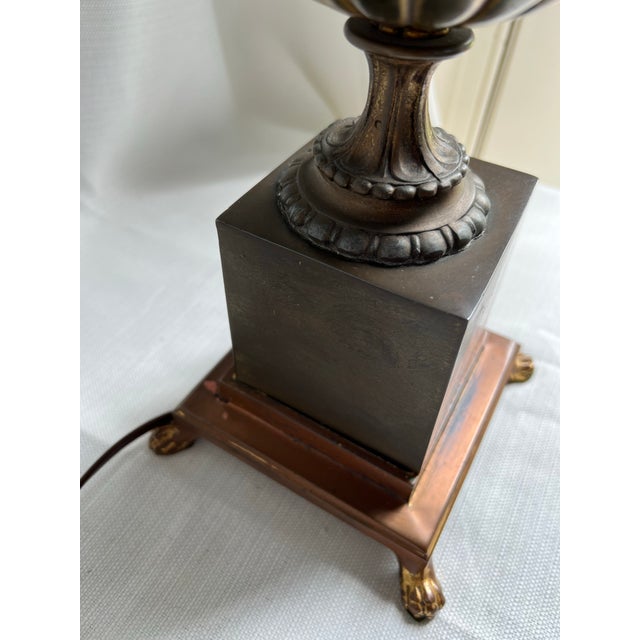 Brass Vintage Mid 20th Century Neoclassical Black Urn on Footed Pedestal Brass Accent Lamp For Sale - Image 8 of 12