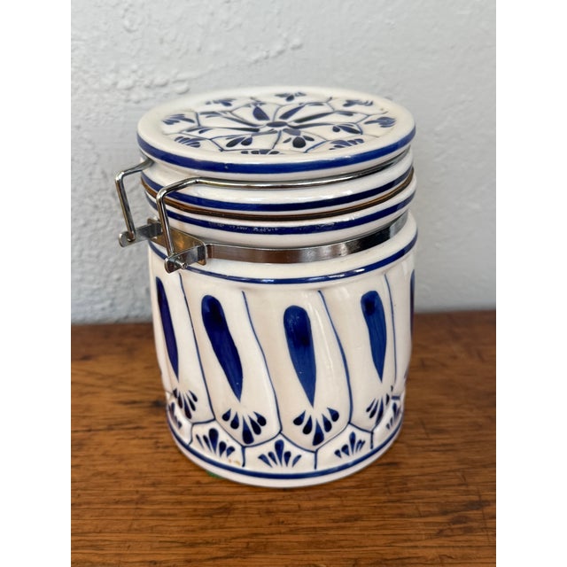 Arabia Late 20th Century Hand Painted Blue and White Delft Style Canister With Latch Lid For Sale - Image 4 of 8