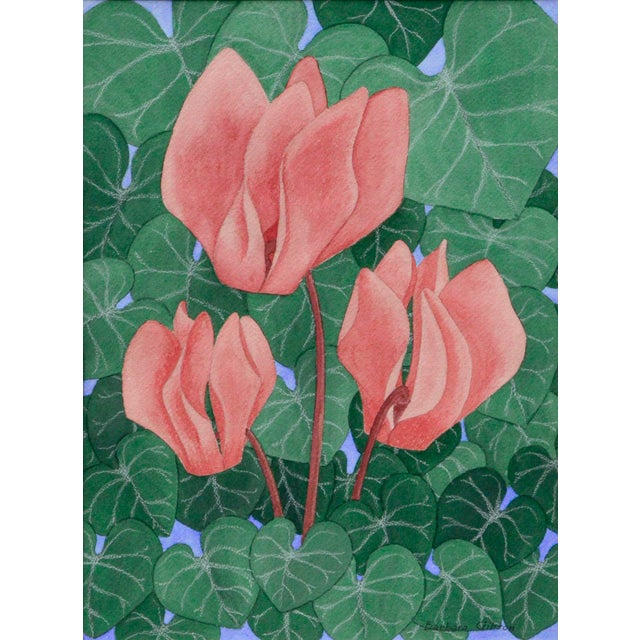 Acrylic painting on illustration board of three pink cyclamen flowers and heart-shaped leaves on a blue background by...