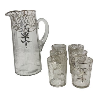 Etched Silver Sterling Overlay Glass Pitcher & Glasses Set For Sale