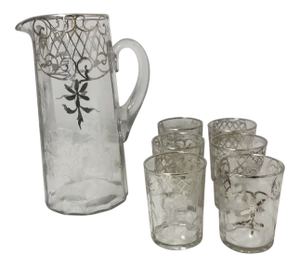 Etched Silver Sterling Overlay Glass Pitcher & Glasses Set
