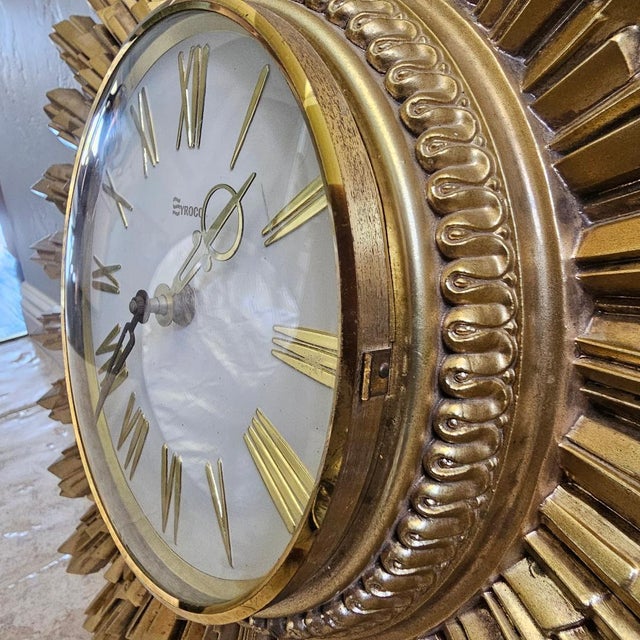 Syroco Mid 20th Century Modern Starburst Wall Clock in Antique Gold Finish For Sale - Image 18 of 18