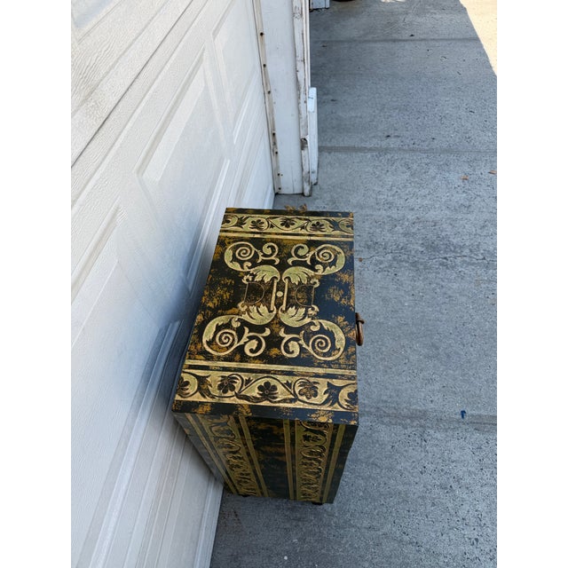 Metal Late 20th Century Neoclassical Style Black and Gilt Decorated Urn Motif Storage Chest For Sale - Image 7 of 12