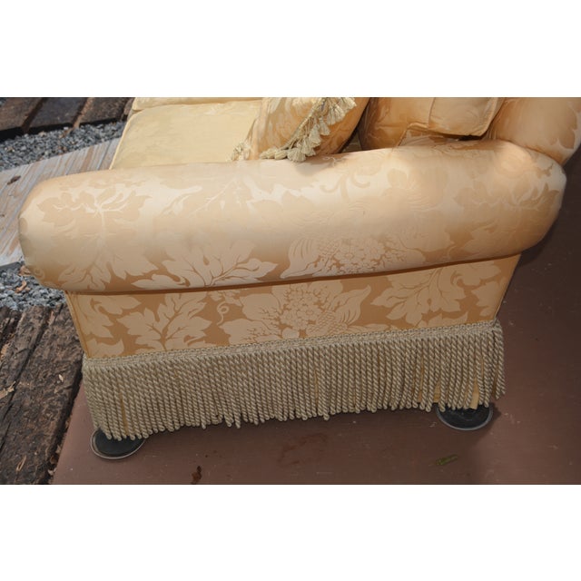 2000 - 2009 Sherill Yellow Damask Couch W/ Corded Fringed Skirt & Tasseled Throw Pillows For Sale - Image 5 of 18