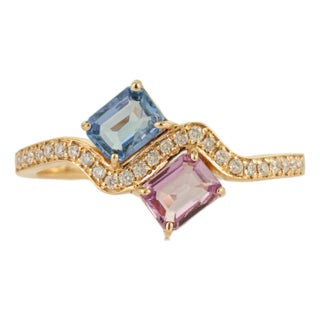 VRJewels 14k Yellow Gold Multi Sapphire & Diamond Toi Et Moi Wave Ring Size 6 For Sale