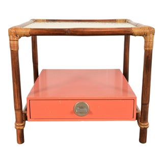 John Wisner for Ficks Reed Mid-Century Hollywood Regency Bamboo Rattan Glass Top Side Table, 1950s For Sale